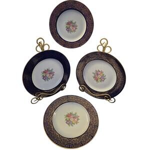 Vintage Cobalt Blue and Gold Homer Laughlin China Set Of 4 Dinner Plates 10 3/4"